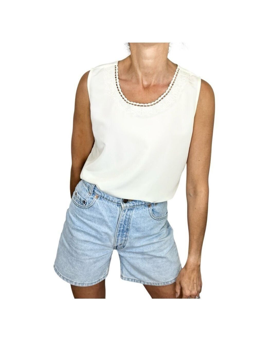 Vintage 80s 90s Betas Choice cream sleeveless embroidered neckline blouse top M